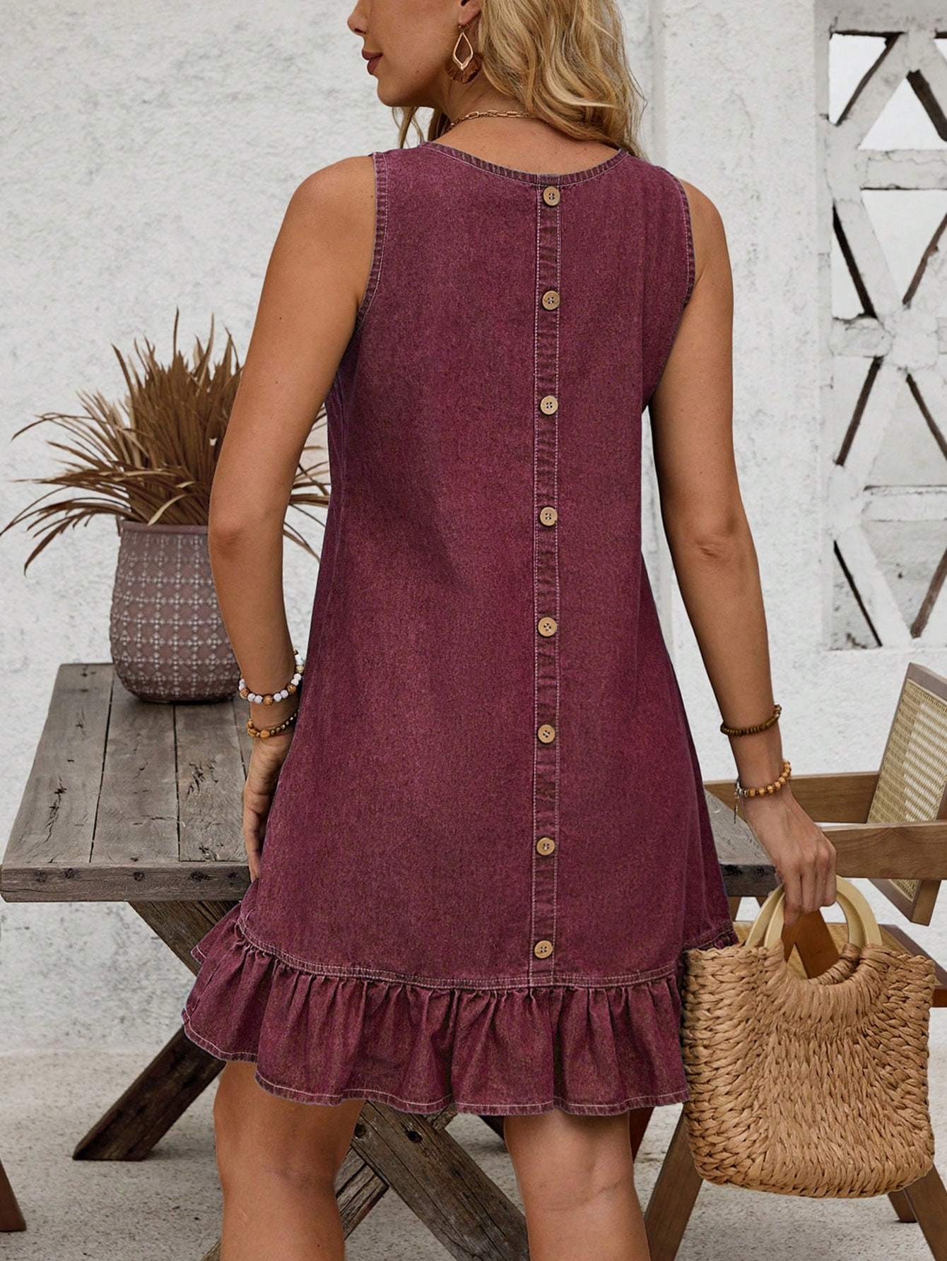 Button Back Ruffle Hem Denim Dress