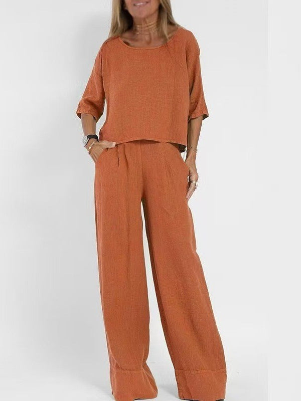 Women's Cotton And Linen Casual Cropped Sleeves Wide-leg Pants Suit