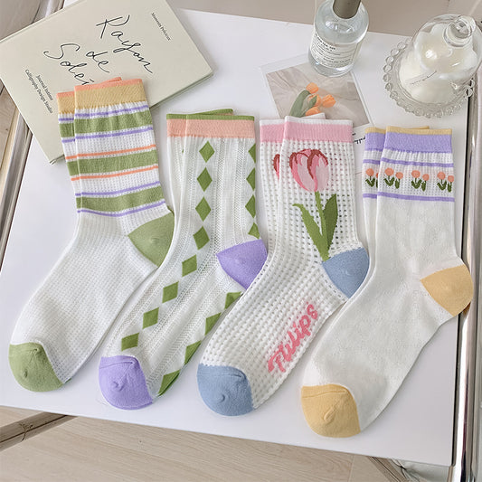 Flower Socks Women's Mid Tube Cute Mesh Stockings