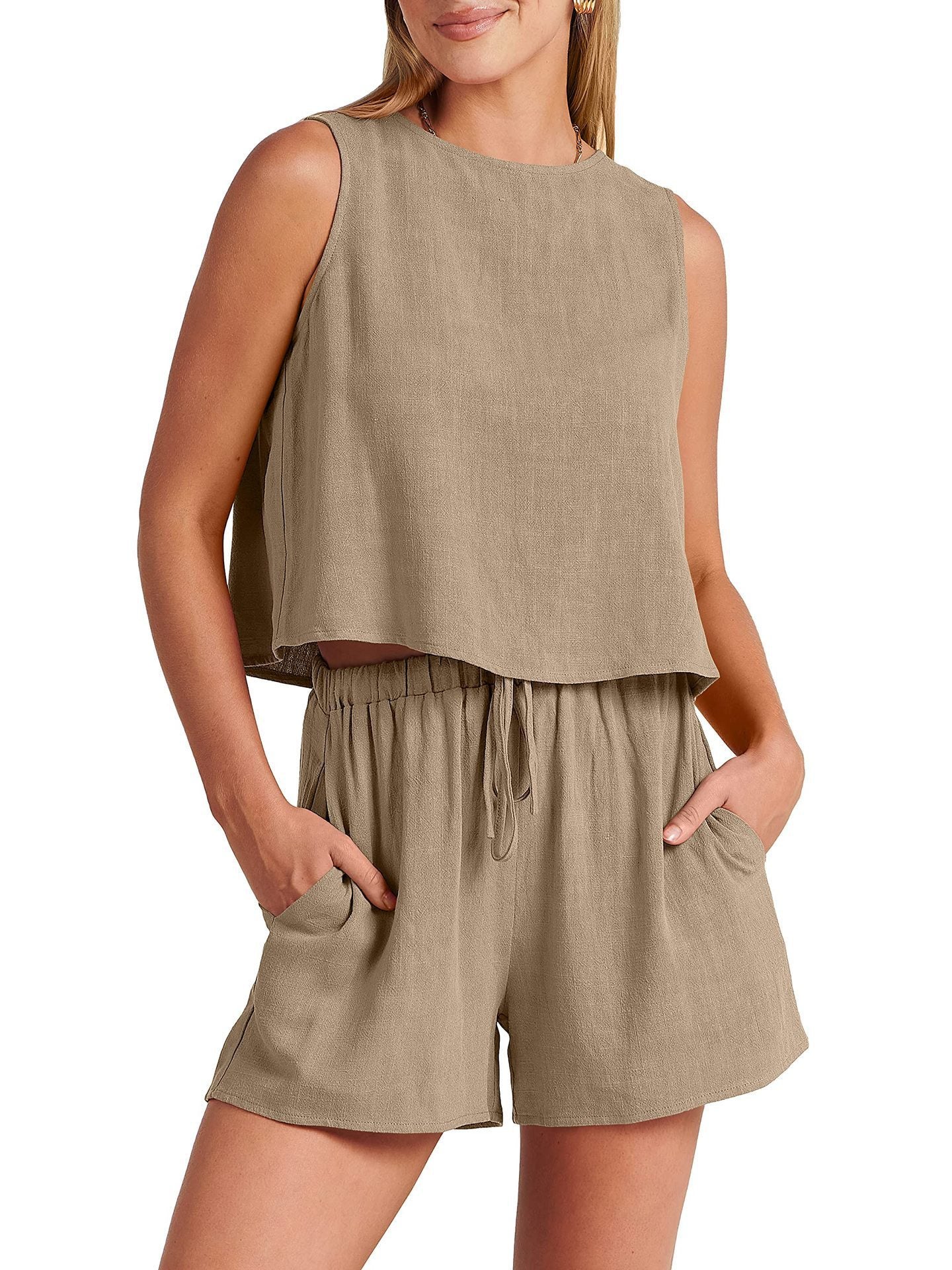 Women's Casual Sleeveless Loose Cotton Linen Shorts Two-piece Suit