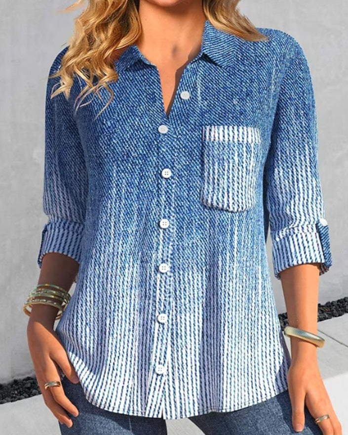 Casual Polo Collar Women's Plaid Simple Floral Print Mid-length Sleeves Shirt