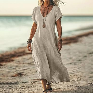 Loose Solid Color And V-neck Cotton And Linen Dress