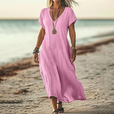 Loose Solid Color And V-neck Cotton And Linen Dress