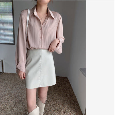French Long-sleeved Women's Lapel Loose Vertical Striped Shirt