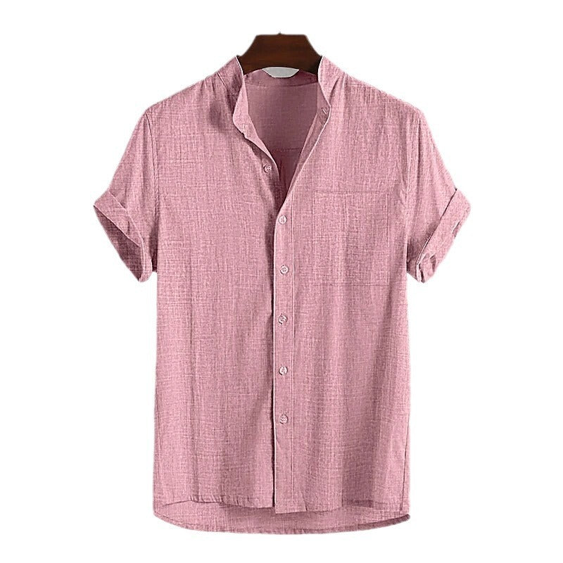 Men's Stand Collar Cotton Cardigan Short Sleeve Thin