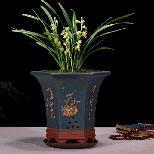 Fine Zisha Flowerpot Hand-carved Hexagonal