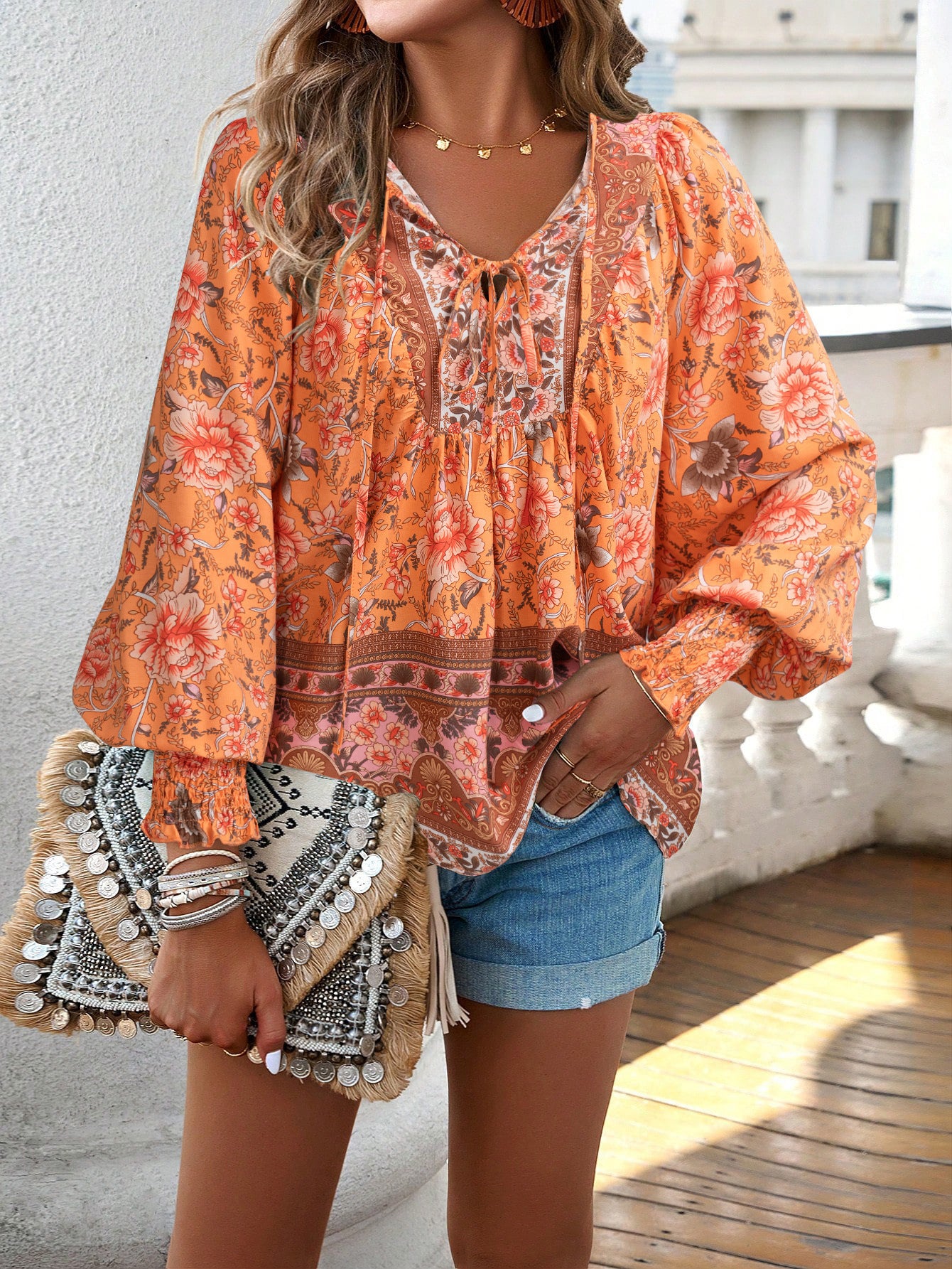 European And American Printed Shirt Women V-neck Long Sleeve Top