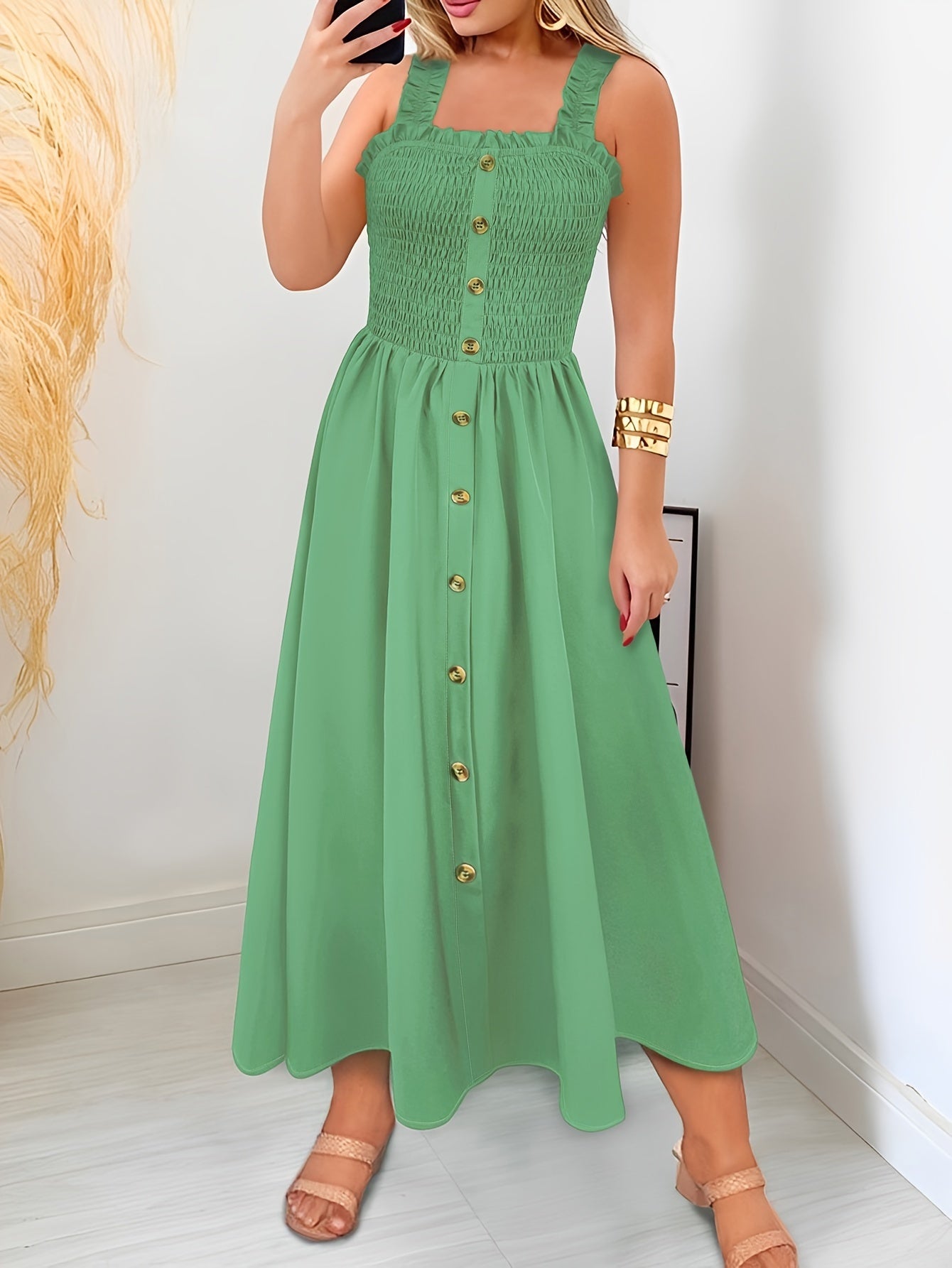 Stunning Shirred A-Line Maxi Dress - Elegant Square Neck, Sleeveless, Cami Style, Flattering Fit, Perfect For Spring & Summer, Women's Clothing, Versatile And Chic