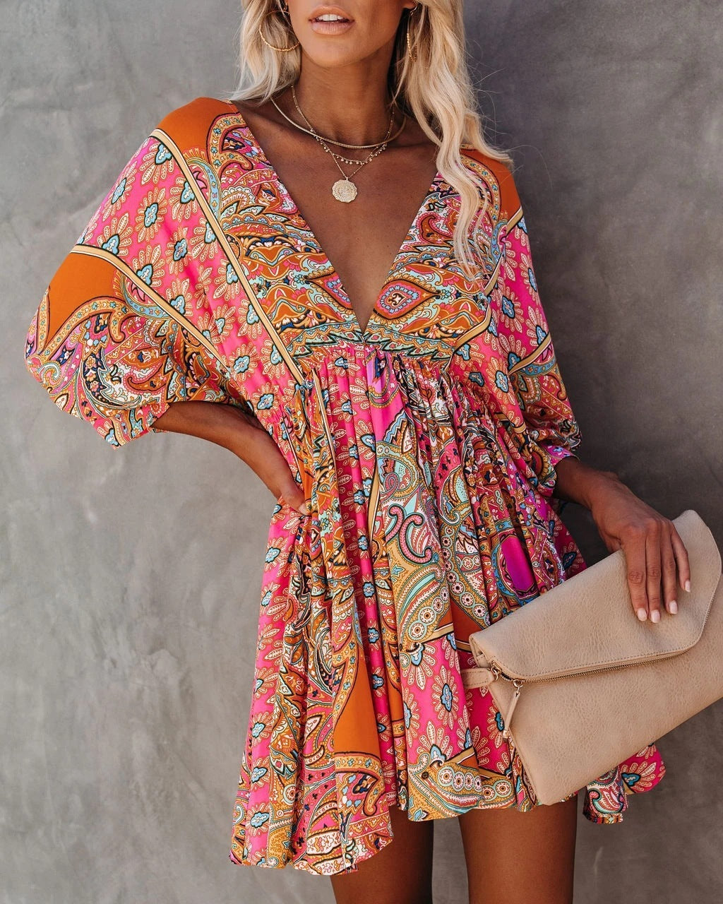 Amazon Ebay Sexy V-neck Waist Print Dress