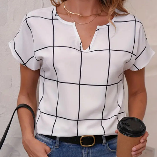 Plaid Print Notched Neck Blouse, Casual Short Sleeve Blouse For Spring &amp; Summer, Women's Clothing