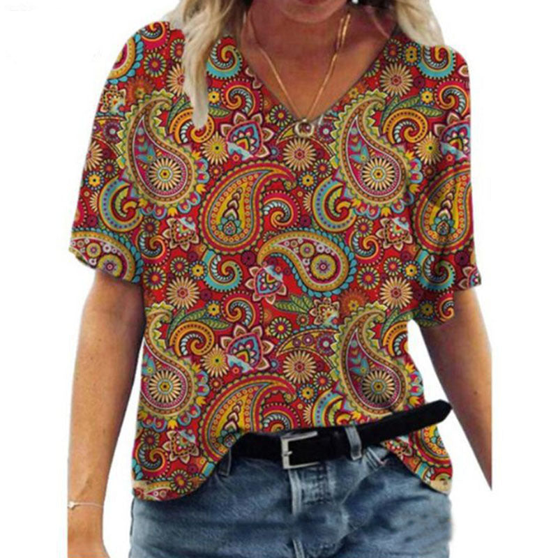 Oversized Loose V-neck Printed Short-sleeved T-shirt