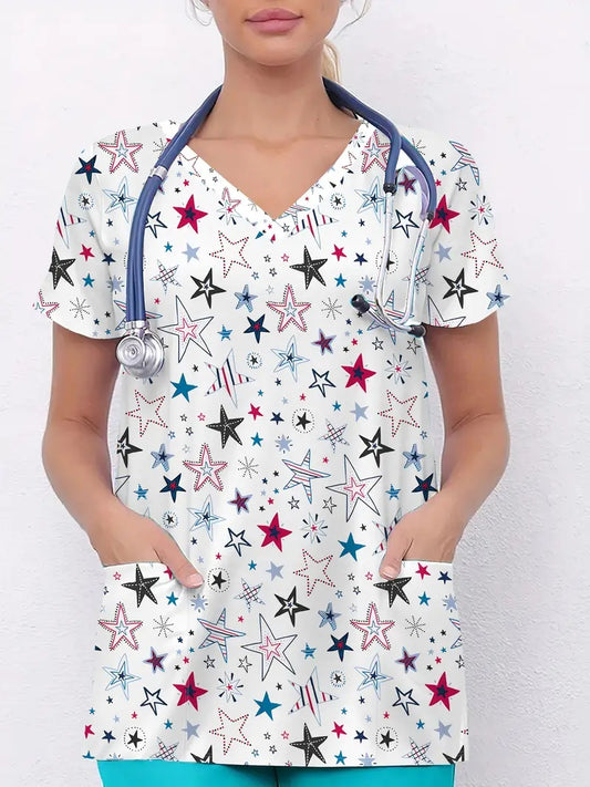 Plus Size Women's Vibrant Print Scrub Top Casual V-Neck Short Sleeve