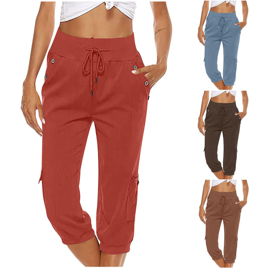 European And American Ladies Solid Color Drawstring Loose Leisure Workwear Wide Leg Straight Cropped Pants