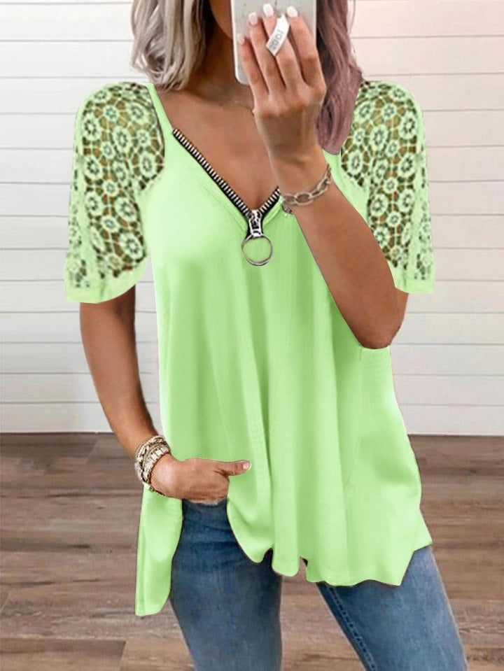 Lace Stitching Short-sleeved Solid Color Loose T-shirt