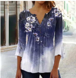 Women's Floral Printed V-neck Short Sleeve Button T-shirt