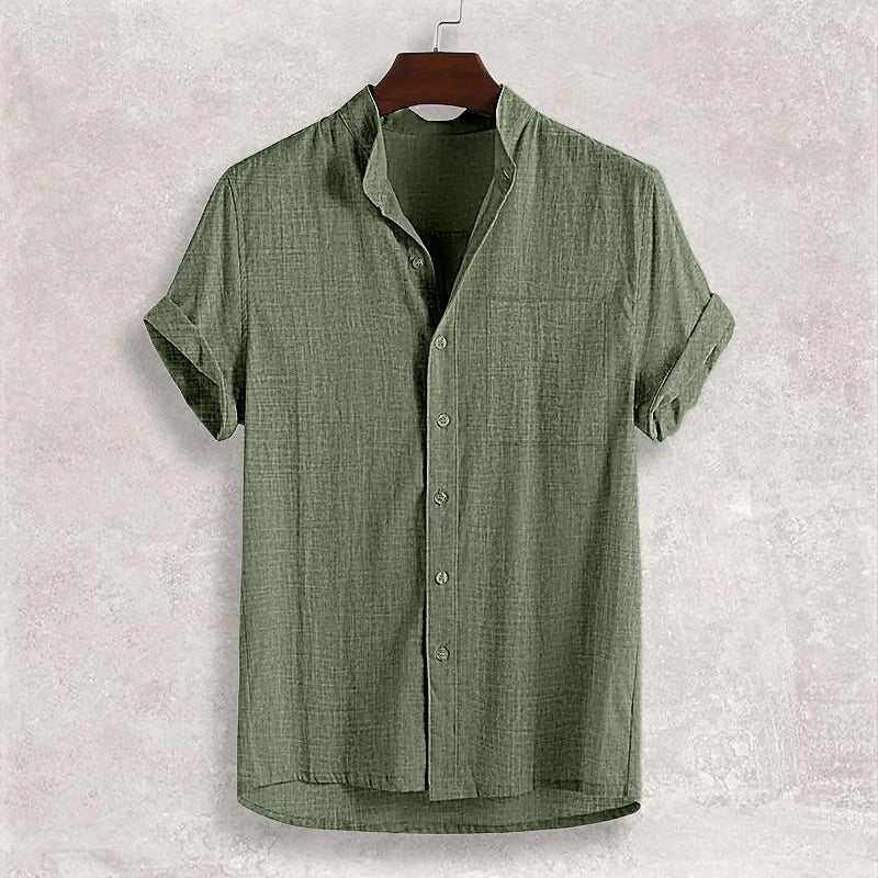 Men's Stand Collar Cotton Cardigan Short Sleeve Thin