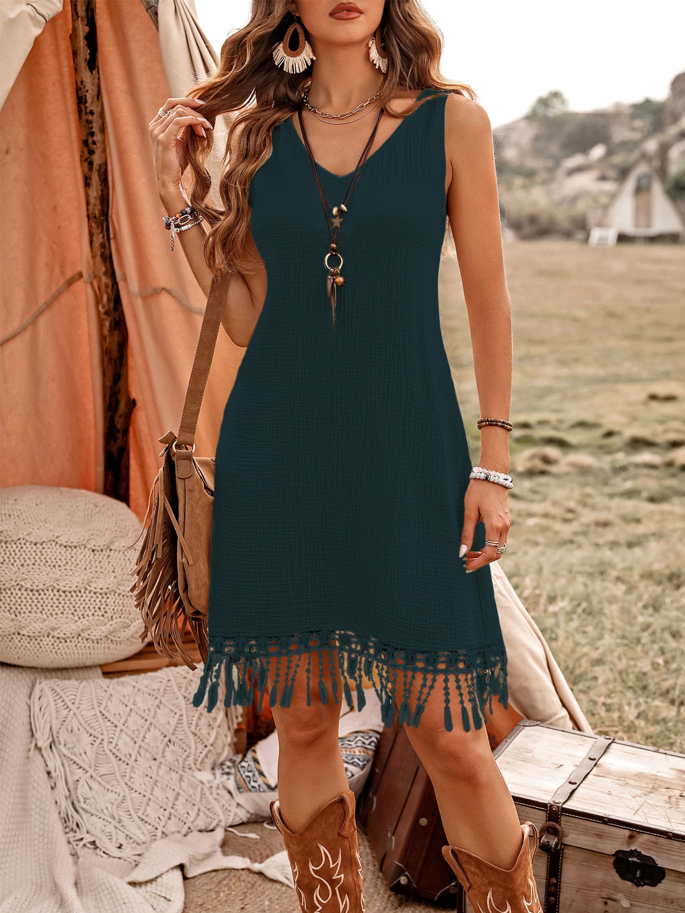 Holidaya Back Patchwork Lace Hawaiian Style Women's Casual Dress, Summer