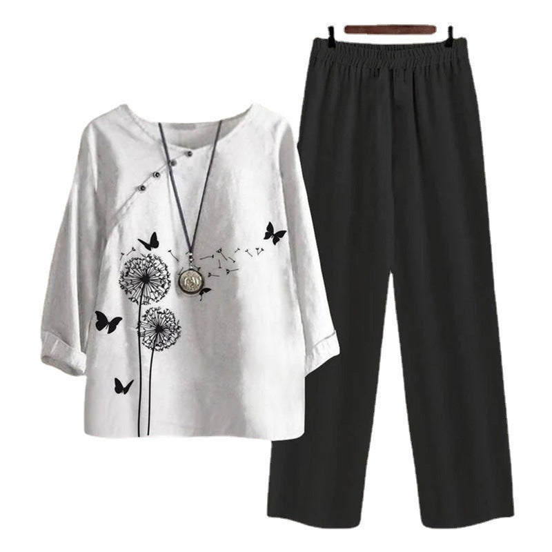 Spring New Women's Five-quarter Sleeve Printed Top Two-piece Pants