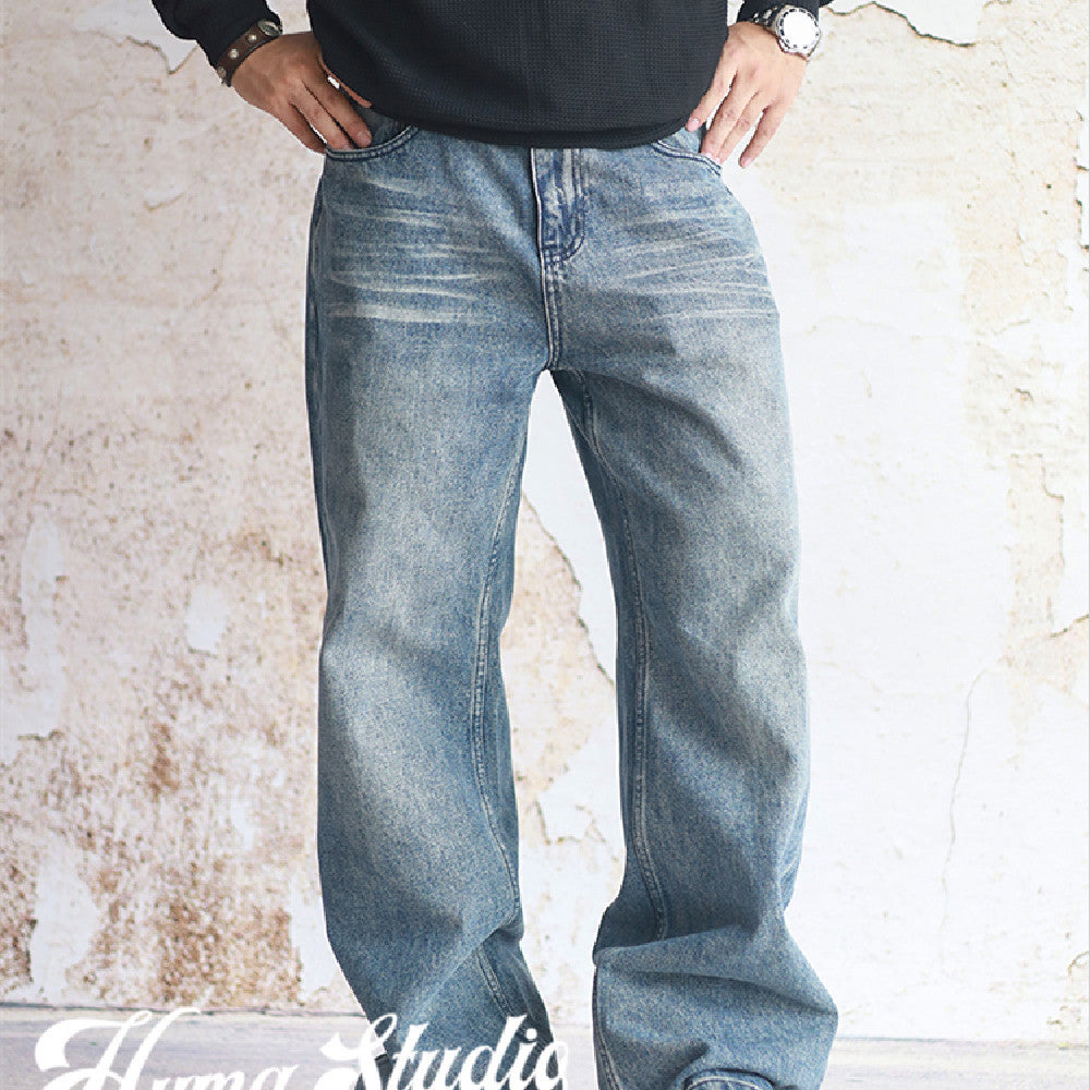 Heavy Water Washed Old Straight Leg Jeans For Men, Khaki