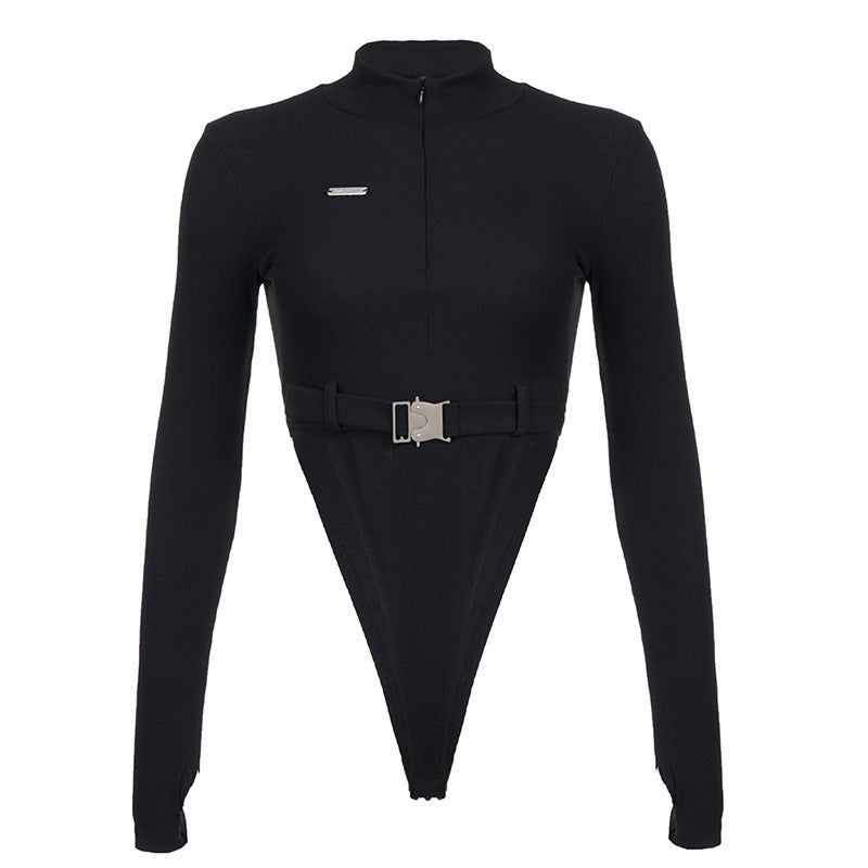 Metal Schoolbag Buckle Design High Neck Long Sleeve Jumpsuit