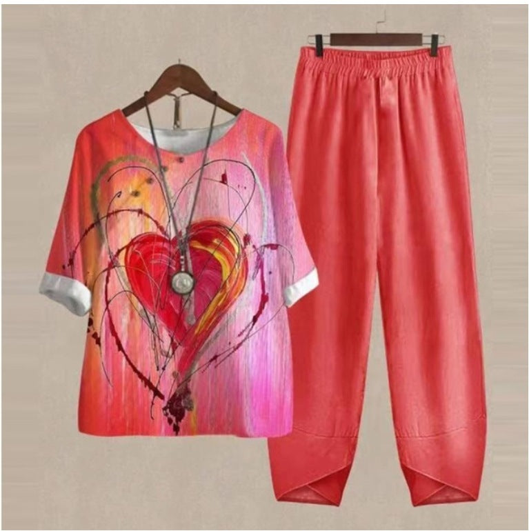 Spring New Women's Five-quarter Sleeve Printed Top Two-piece Pants