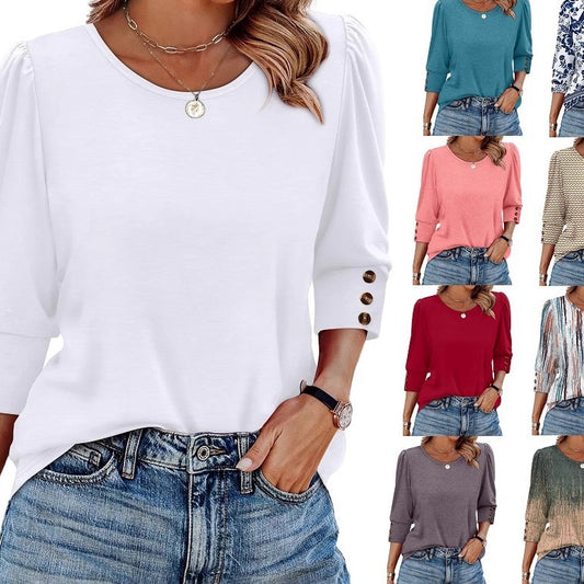 Women's Printed Elegant 34 Sleeves Round Neck T-shirt With Buttons
