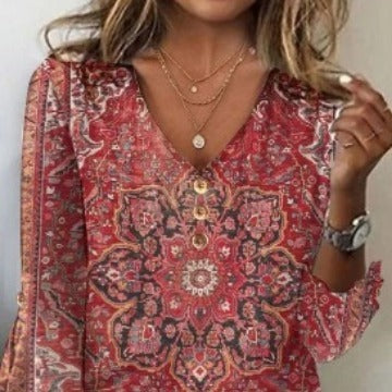 Women's Fall V-neck Bell Sleeve Printed T-shirt Top