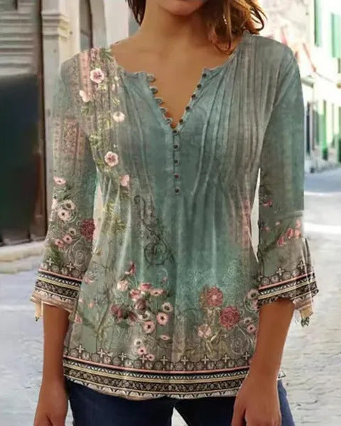 Women's Floral Printed V-neck Short Sleeve Button T-shirt