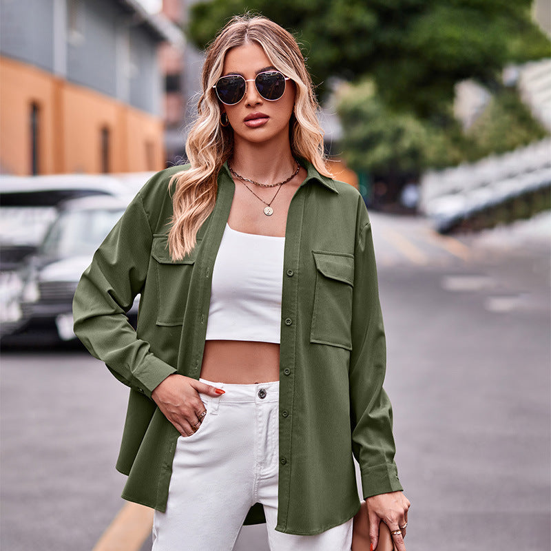 Polo Collar Solid Color Long Sleeve Coat Shirt