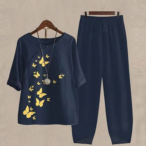 Spring New Women's Five-quarter Sleeve Printed Top Two-piece Pants