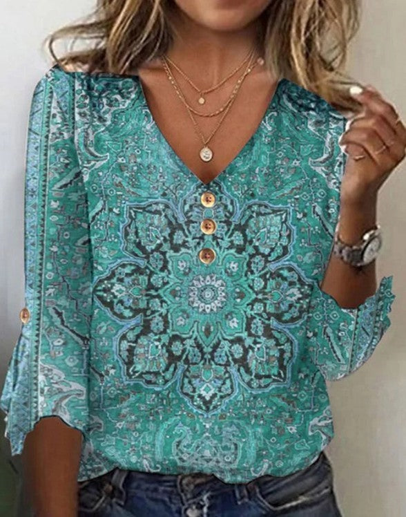 Women's Fall V-neck Bell Sleeve Printed T-shirt Top