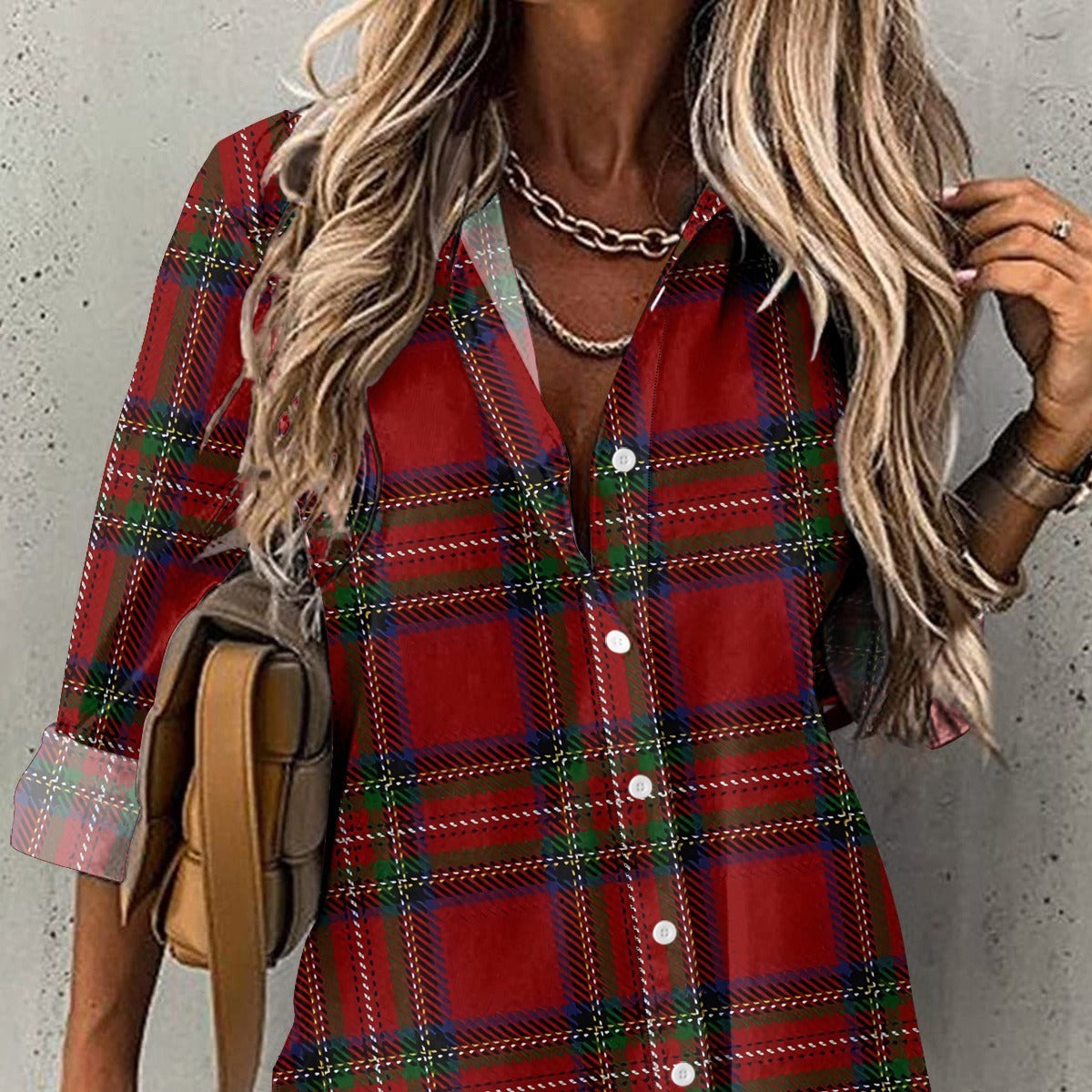 Casual Polo Collar Women's Plaid Simple Floral Print Mid-length Sleeves Shirt