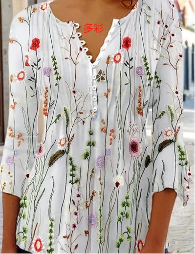 Women's Floral Printed V-neck Short Sleeve Button T-shirt