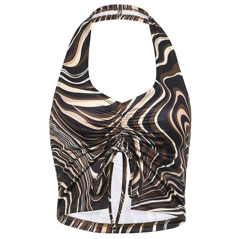 Net Red Fashion Street Personality Summer Irregular Stripe Printing Halter Neck V Neck Small Camisole