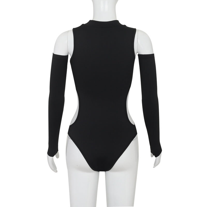 Off-the-shoulder Ripped Hollow-out Tight Long Sleeve Jumpsuit Women