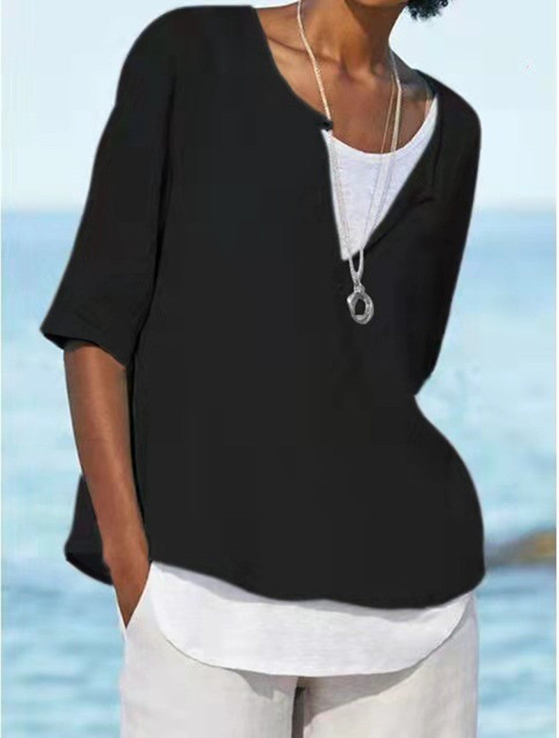 Spring And Summer New Solid Color Cotton And Linen V Neck Blouse