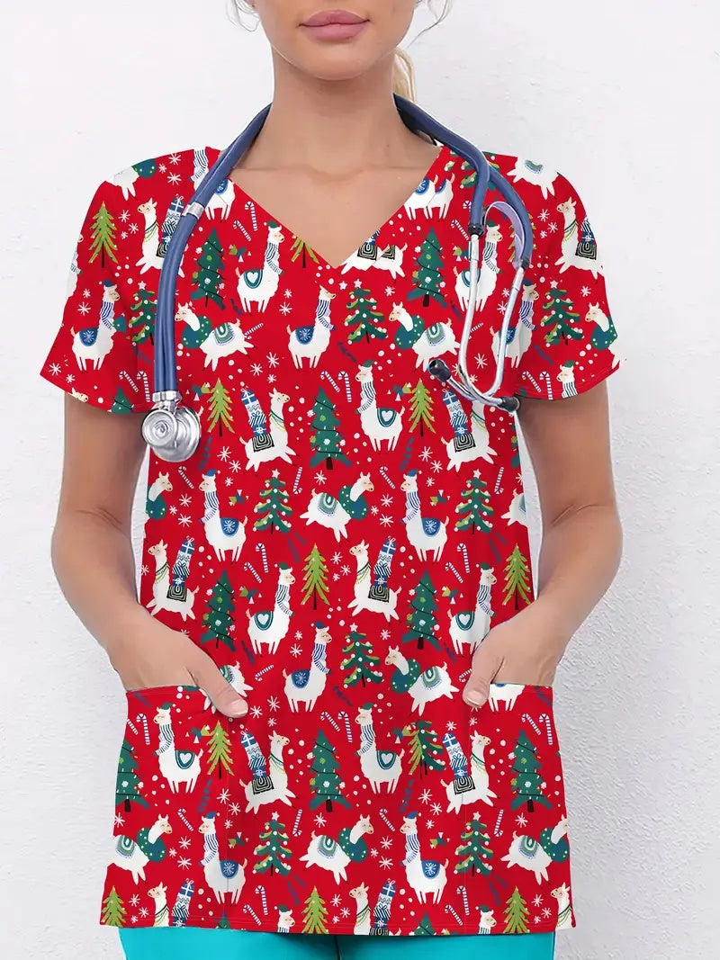 Plus Size Women's Vibrant Print Scrub Top Casual V-Neck Short Sleeve