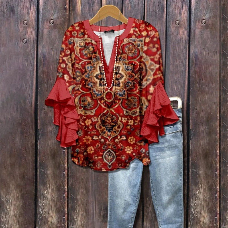 Women's Creative Printing Casual V-neck Lotus Sleeve T-shirt